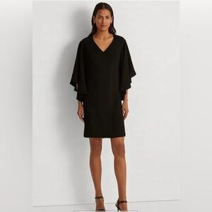 RALPH LAUREN Womens Black Arieana Elegant Cocktail Dress Flutter sleeves Modest